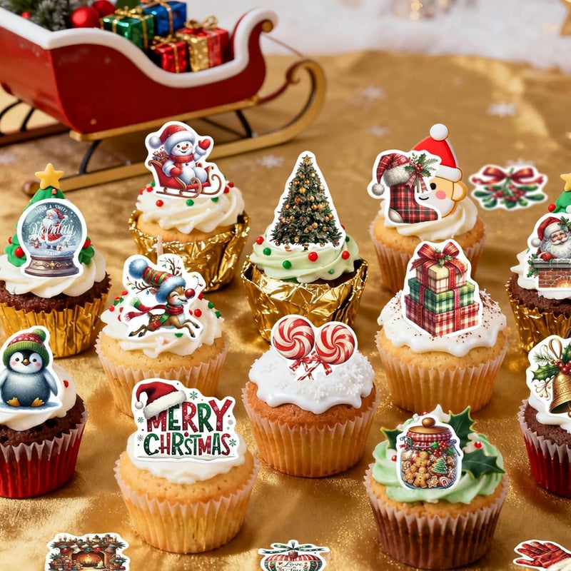 Fyeoxle 80PCS Edible Merry Christmas Cupcake Toppers Wafer Paper Santa Hat Snowman Deer Cupcake Toppers for Merry Xmas Theme Party Baby Shower Birthday Decor Supplies - Image 4